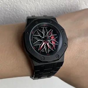 Car Wheel Watch for Men, Stainless Steel Mens Wristwatch with Spinning Car Rim Hub Design, Japanese Quartz Movement, Water Resistant, Scratch Resistant Gifts for Car Enthusiasts Carbon Fiber Racing Dial