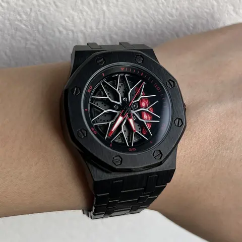 Men's Stainless Steel Analog Watch - Hub Center Spinning Rim, Japanese Quartz Movement, Water-Resistant, Scratch-Resistant, Carbon Fiber Racing Dial, Hardlex Glass, Luminous, Buckle Closure, Sports Accessory Gift for Car & Motorsport Enthusiasts