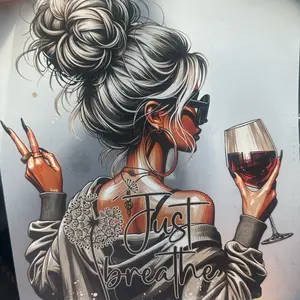 Transfer DTF Artwork Featuring Woman with Wine Glass and "Just Breathe" Text Design