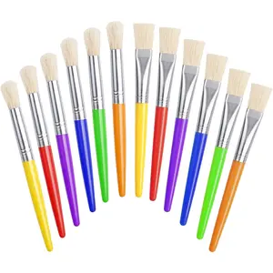 Kids Paint Brushes, 12 Pcs Round/Flat Large, Easy to Clean & Grip Washable No Shed Hog Bristle for Watercolor, Acrylic, Gouache
