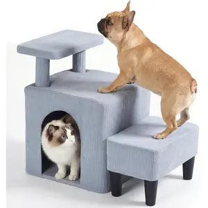 3 in 1   Stairs for Bed Couch, Small Steps Non Slip for Older Dogs Cats to Get  Bed Portable with Cave Condo and Cushioned Foot Stool, Pet Steps  Ramps Indoor for Senior Cats Dogs
