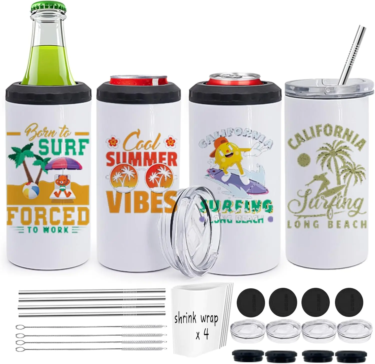 ZREGGUR 4 in 1 Can Cooler 16 oz Sublimation Blank Tumbler with Metal Straw For 4,Straw Brush,Shrink Wrap, Non-Slip Coaster, Lid, Individually Boxed Standard Beer Cans,Canning Cans