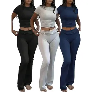 Women's Solid Loungewear Set, Casual Short Sleeve Crop Top & High Waist Flare Leg Pants, Ladies Sleepwear for All Seasons, Soft Lounge Sets