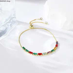 Women's Adjustable Rainbow Rectangle Gemstone Bracelet - Gold Tennis Style Multi-Color Crystal Dainty Chain Link Sports Wristband, Ideal for Daily Stacking & Party Looks