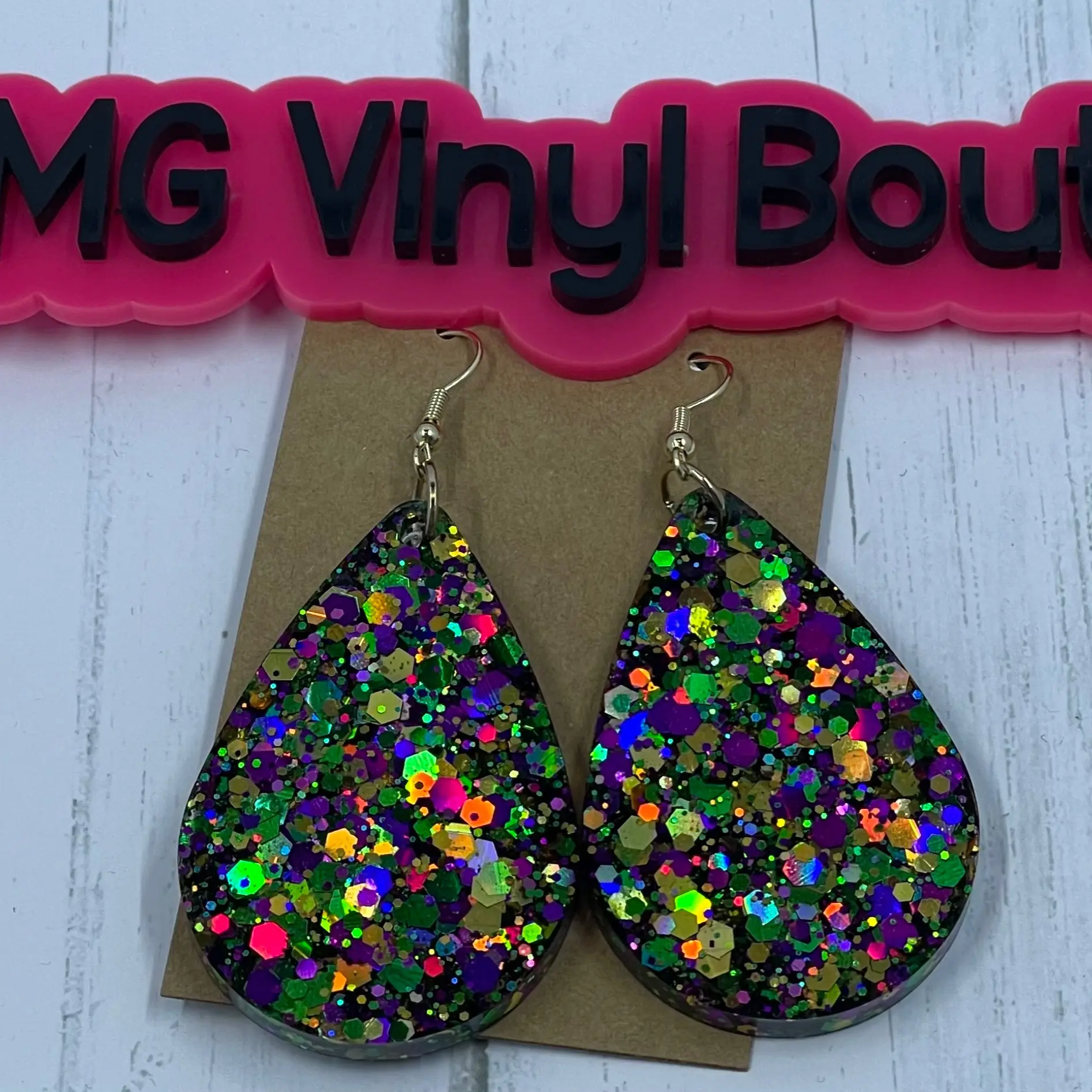 Mardi Gras Glitter Resin Hook Earrings - Lightweight & Colorful, Fashion Accessories