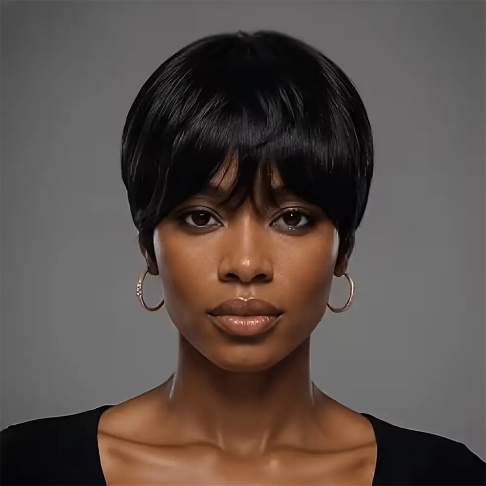 Throw On & Go Short Cut with Bangs Wig Ultra Comfort Skin-Like Soft Care Glueless Wig Hair Loss Friendly