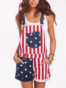 Women's Summer Sleeveless Denim Overall Shorts, Multi-Pocket Rolled Hem, Striped American Flag Design, Casual Loose Fit, Independence Day