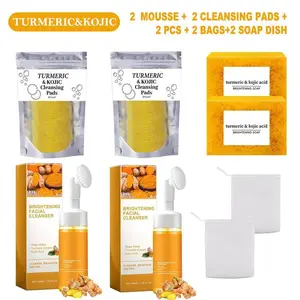 Family Bundle >>2PCS Lemon Turmeric Kojic Acid Soap Bars + 2 Turmeric Mousse Cleansers +2 CLEANSING PADS+ 2 soap dish – Natural Lemon, Turmeric & Kojic Acid Soap for Face & Body, Gentle Cleansing for All Skin Types, Ideal for Daily Use Perfect New Year's