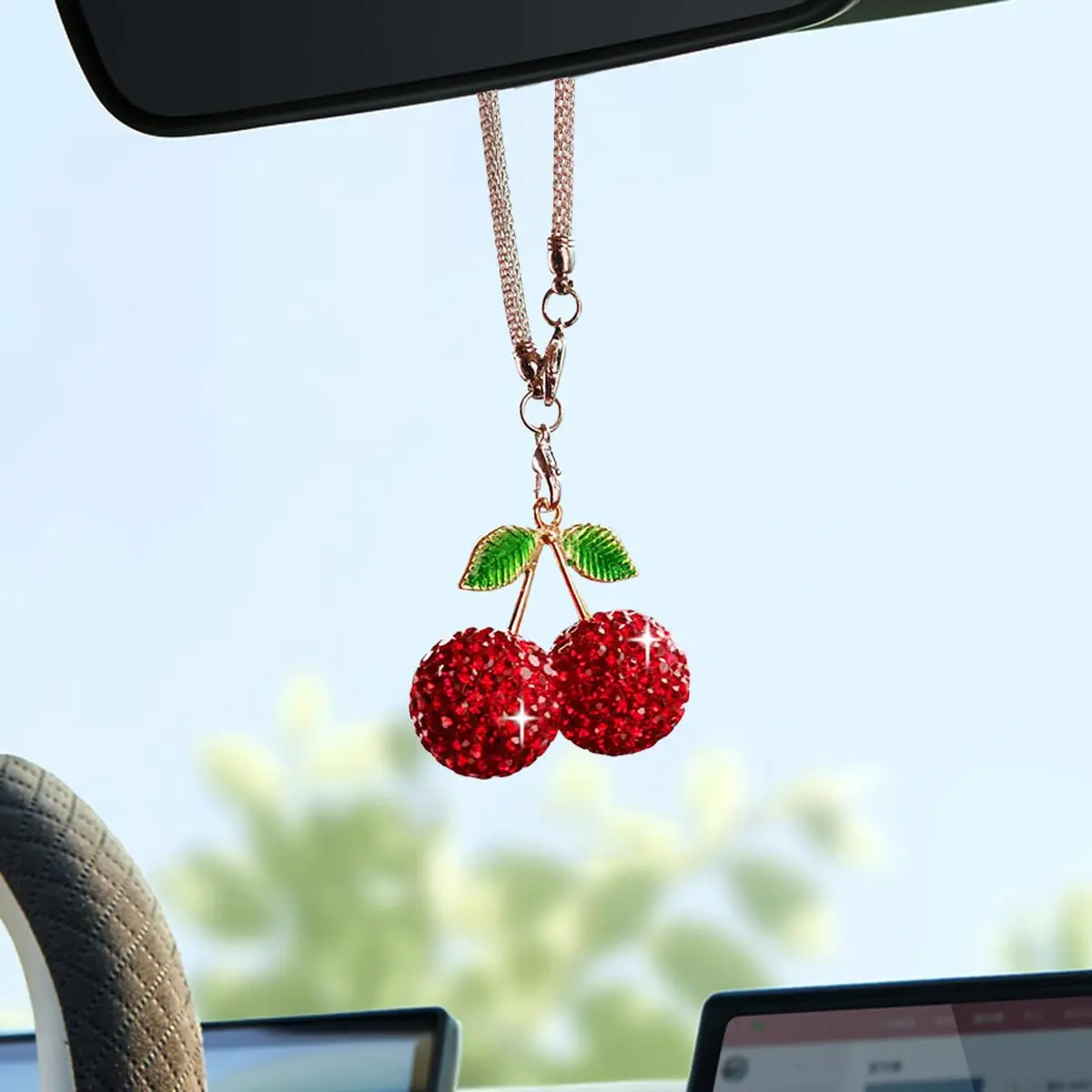 Shiny Cherry Car Ornament, Cute Crystal Rearview Mirror Pendant, Shiny Diamond Rearview Mirror Decoration, Lucky Car Interior Accessory, Car Hanging Decoration, Car Trinkets, Car Accessories, Car Decorations