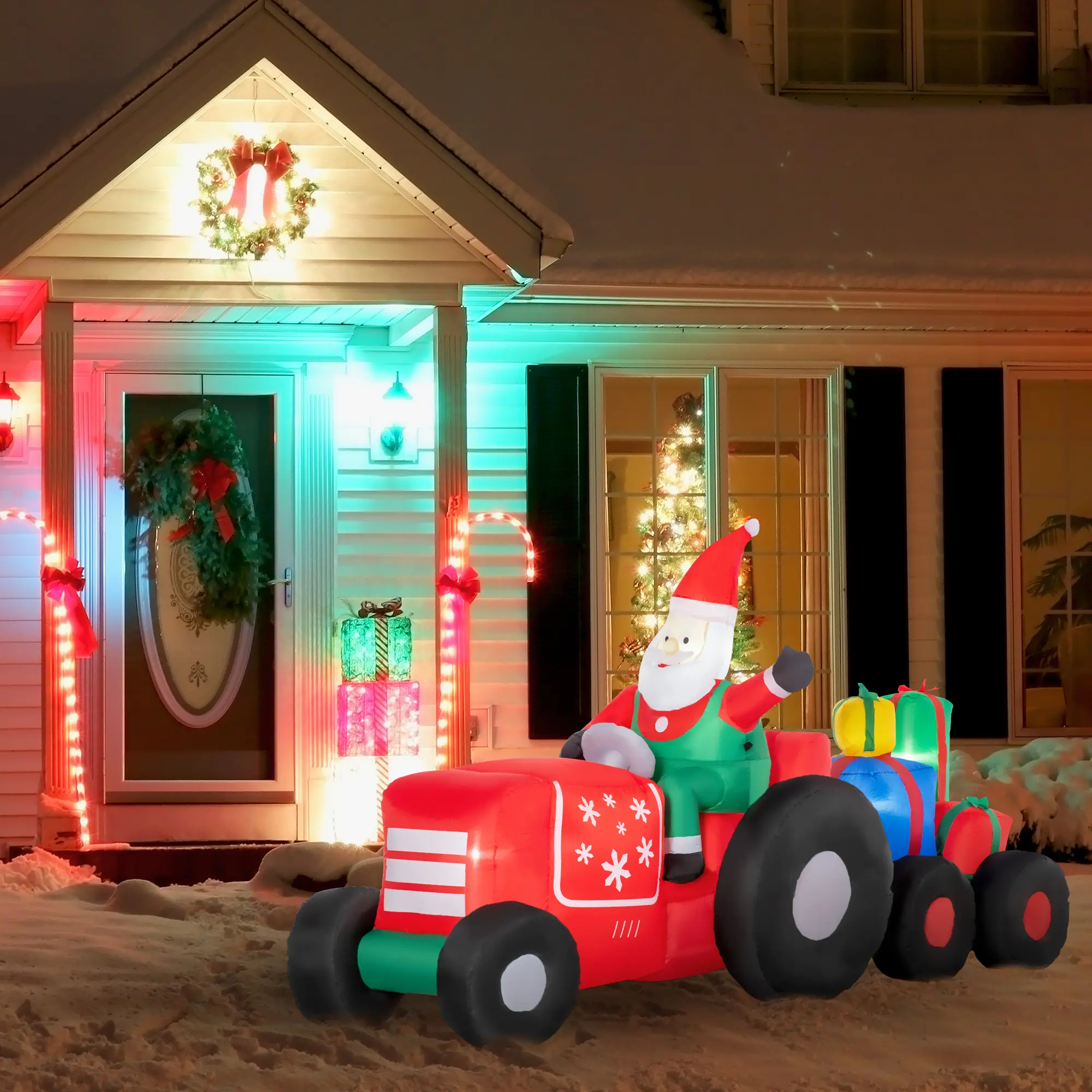 9ft Christmas Inflatables Outdoor Decorations Santa Claus Driving Trailer with Colorful Gift Boxes, Blow-Up LED Yard Christmas Decor for Lawn Garden Party
