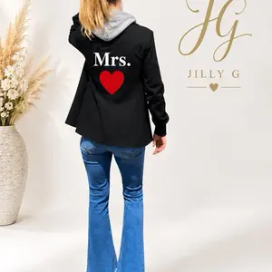Bride &  Bridal Party Hooded Blazer Jacket with removable hood for Wedding Weekend or gifts  | Custom Monogram, back has date on hood, name Fashion Heart Graphic Fit bridal cool  Casual Womenswear Aesthetic personalized wedding party gifts