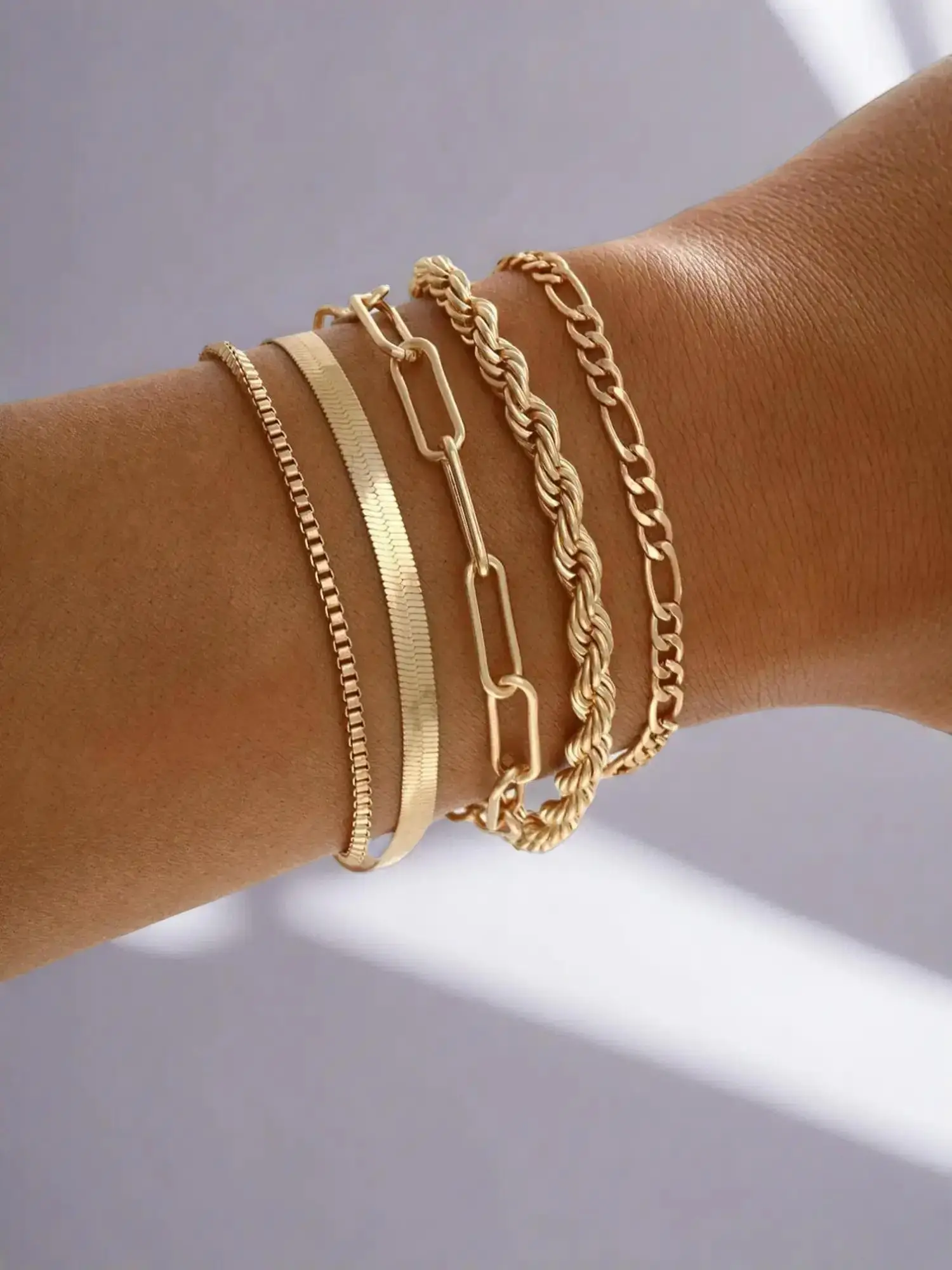 Trendy Alloy Twist Herringbone Chain Stackable Bracelets for Party, 5pcs Simple Matching Jewelry As Birthday Gift, Female Classic Fashion Accessories
