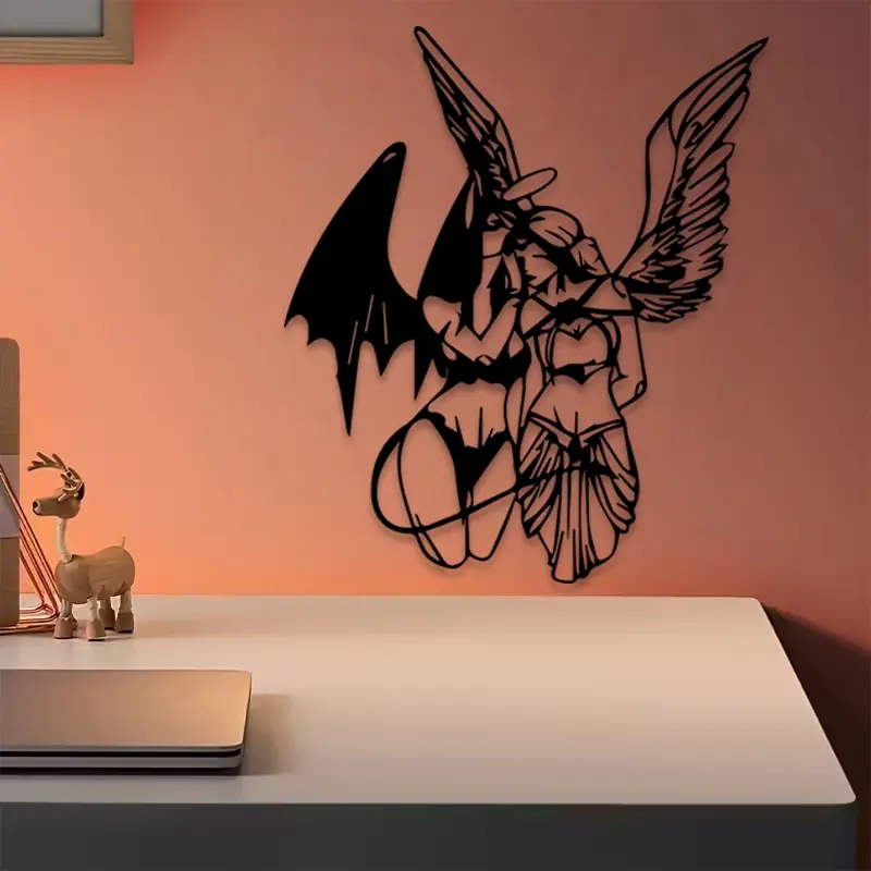 1pc Angel Demon Metal Wall Art, Angel Demon Statue Mural, Perfect for Bar Wall, Office Wall Decor, Halloween Decor, Ideal Gift for Gothic Lovers, Black Contrast