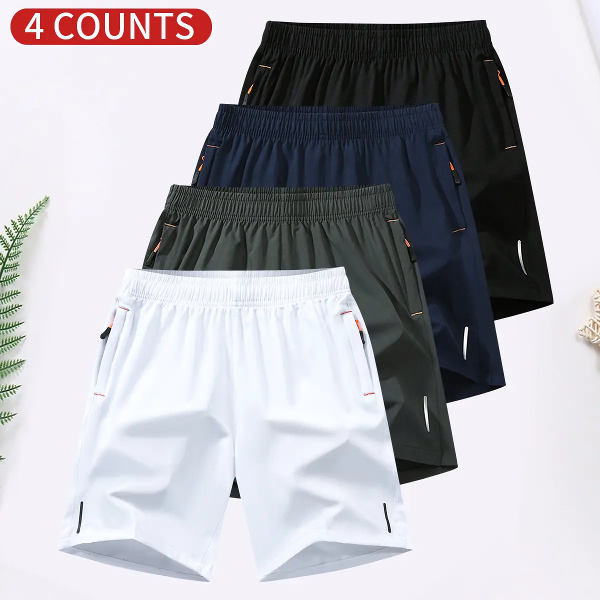 Men's 4-Pack Plain Casual Fit Chill Elastized Body-Fitting Lightweight Menswear Shorts - Breathable, Mid-Waist, Zipper Pocket, White, Dark Gray, Navy Blue, Black, Ideal for Summer Daily Leisure & Sports, Chill Men's Shorts, Elastized Men's Shorts