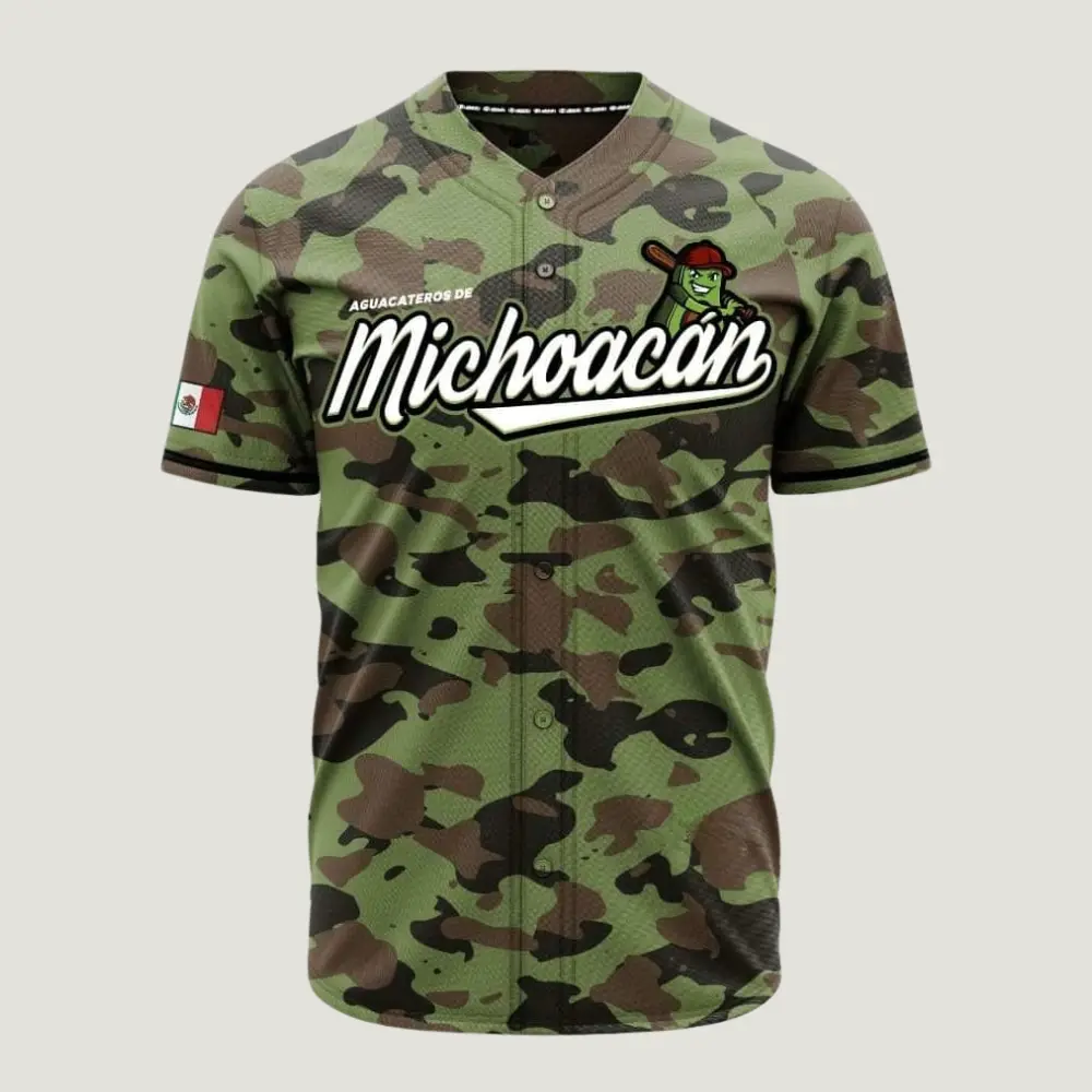 Mexico Michoacan Green Camouflage Baseball Jersey – Avocado Mascot Button-Up Shirt, Mexican Heritage Fan Apparel, Lightweight Athletic Game Day Top