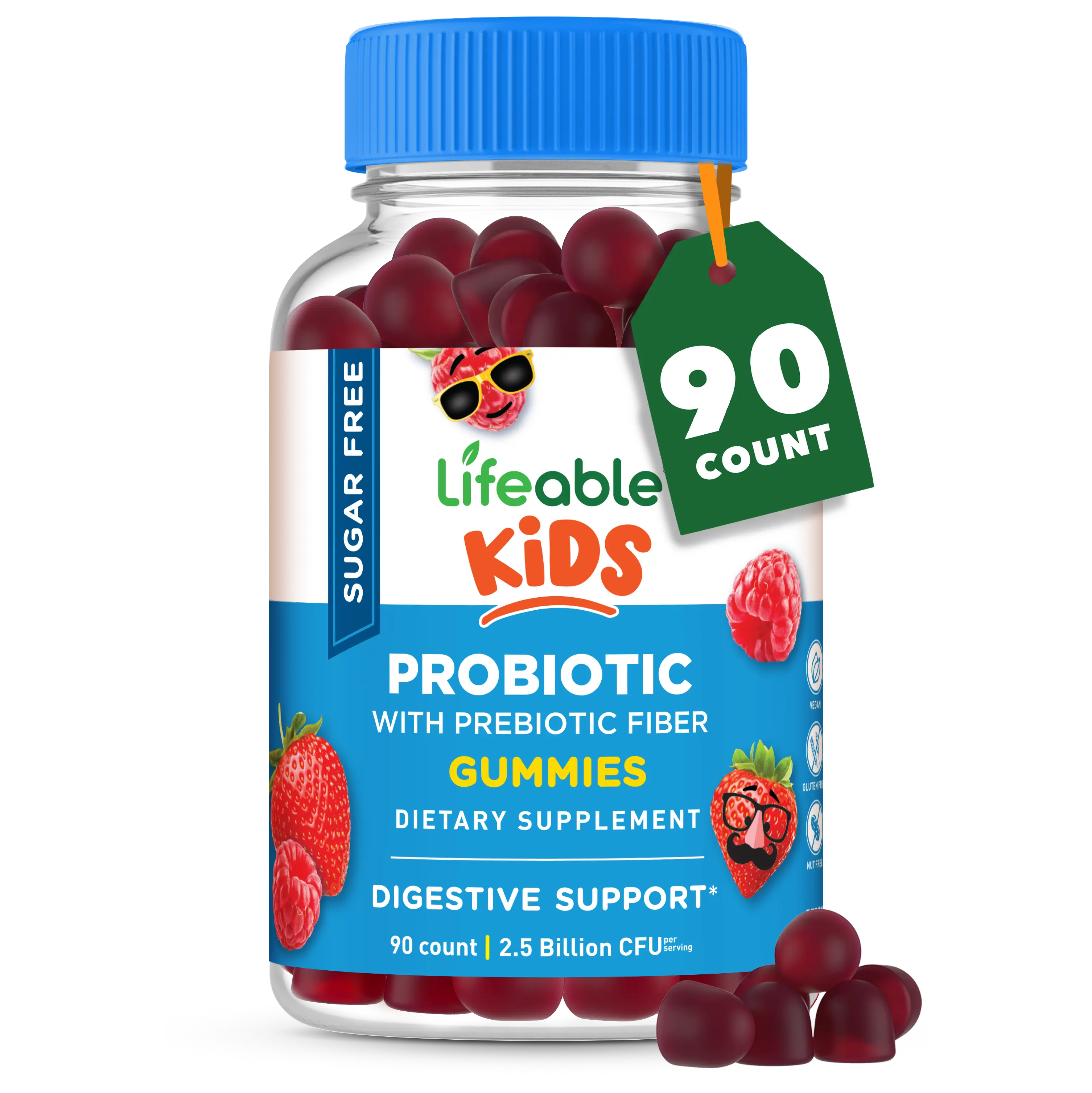 Lifeable Kids Sugar-Free Probiotic Vitamin Dietary Supplement with Prebiotic Fiber, Raspberry Flavor, 90 Count