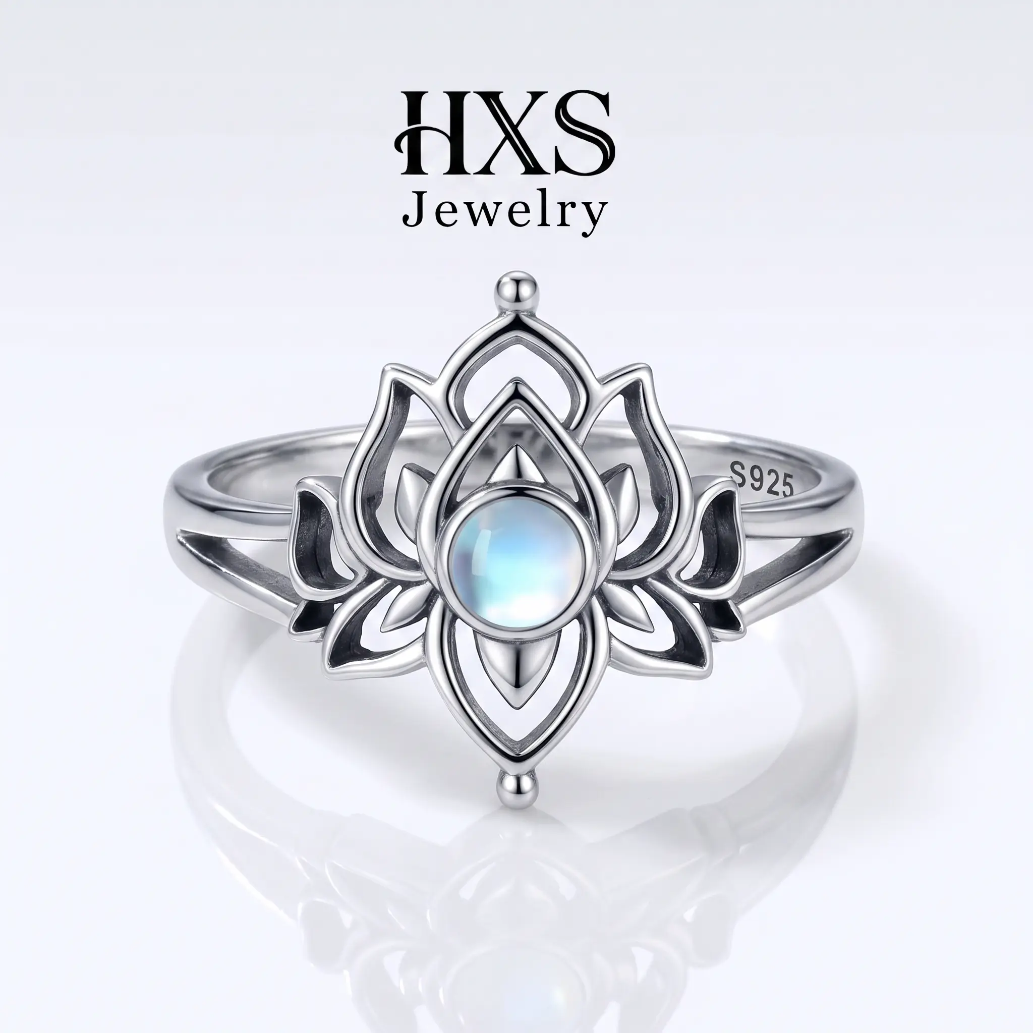 S925 Sterling Silver Lotus Flower Moonstone Ring, Vintage Oxidized Openwork Lotus Ring for Women, Spiritual Meditation Boho Jewelry Gift