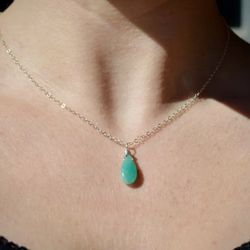 Amazonite Crystal Necklace, Dainty Teardrop Amazonite Pendant