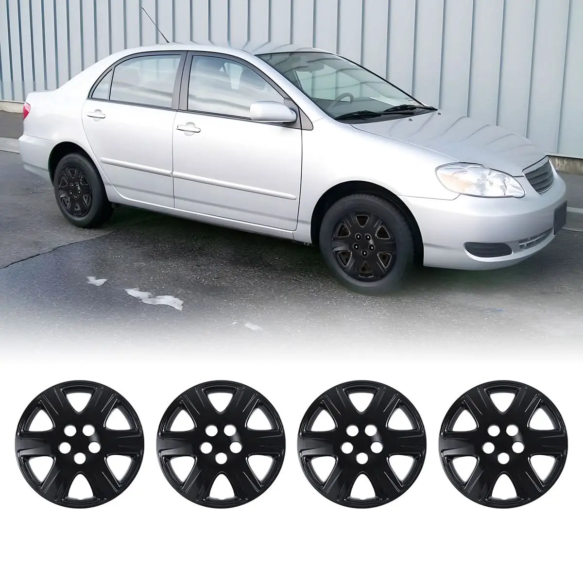 WOLFSTORM Durable PP Plastic 6-Spoke Style Matte Black Black Lacquer 4-Pack 15in Wheel Rim Cover Hubcaps, Easy Installation, Compatible for 2005-2008 TOYOTA COROLLA