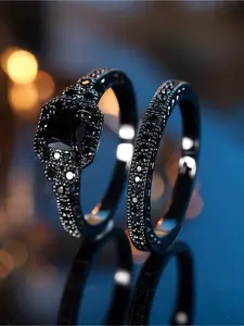 2pcs Dark Color Classic Men's and Women's Synthetic Zirconia Engagement Ring Set | Wedding Jewelry Interlocked Stackable Rings