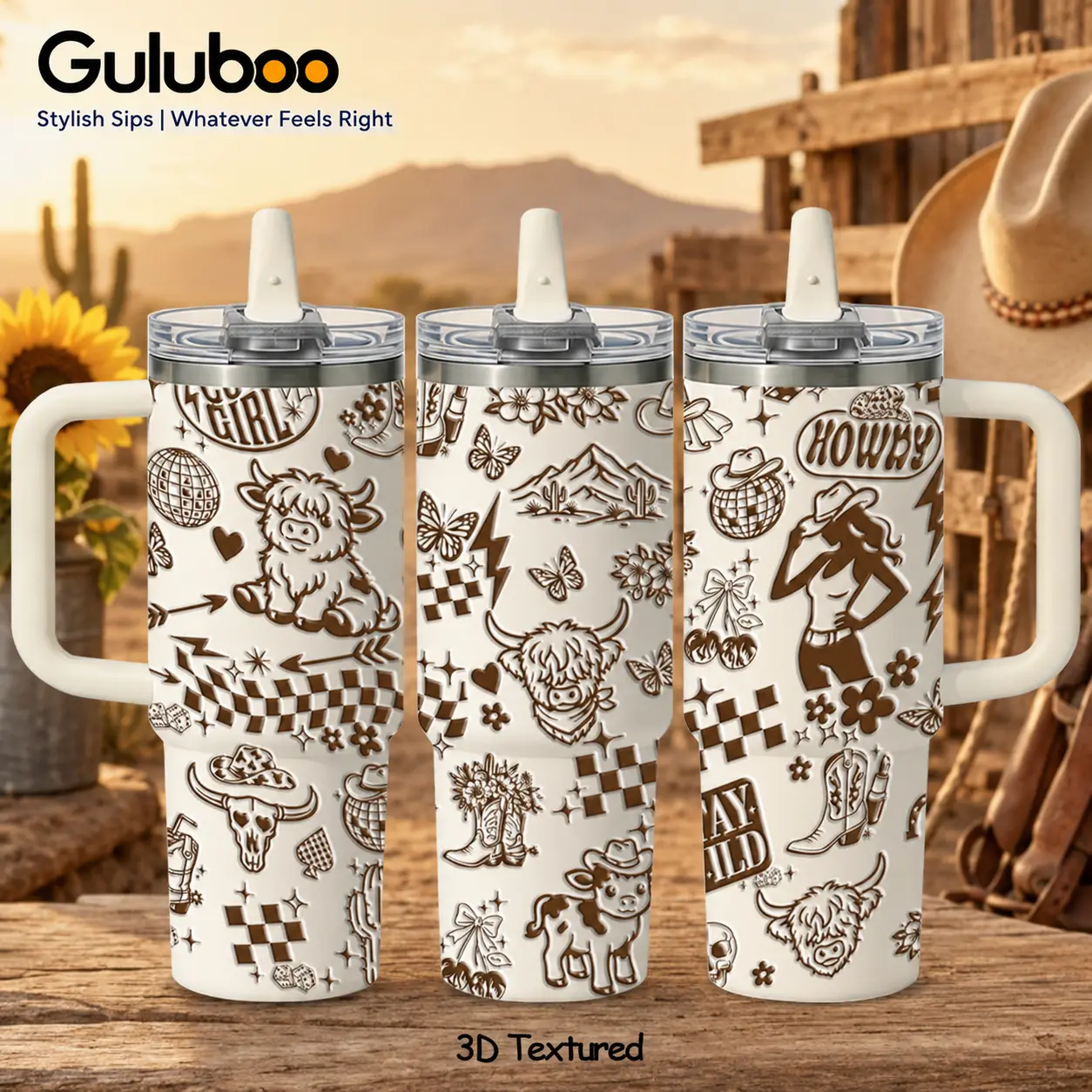 GuLuBoo Cowgirl 3D Sculpted Butterfly Texture Design Vacuum Flasks 40oz Stainless Steel Insulated Tumbler, Leakproof Travel Mug with Straw, Portable Water Bottle for Coffee, Gym & Office, Creative Drinkware Cups Keeps Ice All Day Ideal Gift