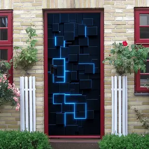 2pcs Modern Simple Stereo Wall Sticker Blue LED Light Effect Door Sticker Self Adhesive Home Decoration Sticker Living Room Bedroom Entrance Creative Background Wall Decal Removable Waterproof PVC Mater