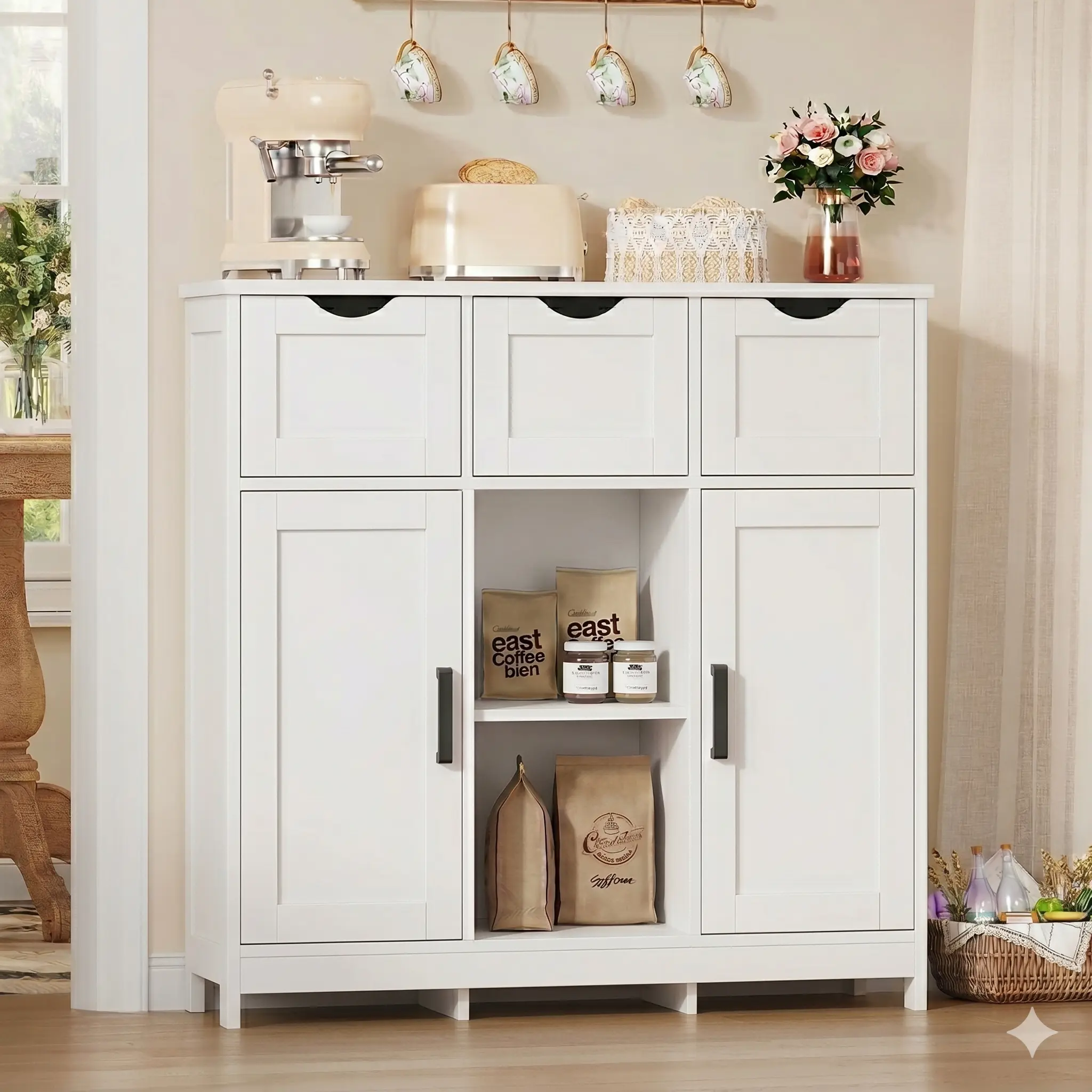 Modern White Stable Indoor Cupboard Furniture - Free-Standing Kitchen Cabinets with 3 Drawers, 2 Doors, Assembly Required, Fire Safety Label for Kitchen, Living Room Use