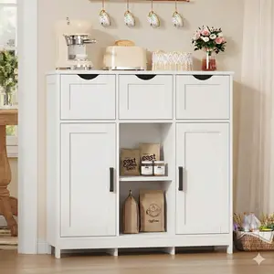 Modern White Storage Cabinet with 3 Drawers and 2 Doors, Free-Standing Cupboard for Kitchen/Living Room/Bathroom Use