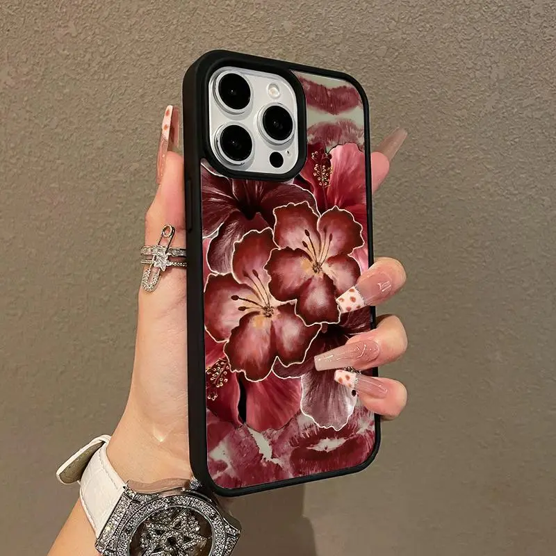 Burgundy Flower Art Magnetic Smartphone Cover - Lightweight TPU, Anti-Fall Protector, Girly Chic Aesthetic Case for iPhone 1-17 Pro/Pro Max/Plus, Cellphone Accessory