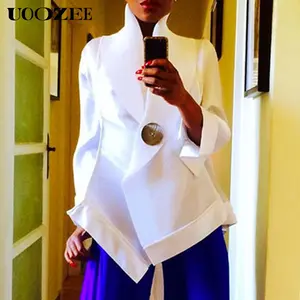 Long Sleeves Loose Buttoned Solid Color Stand Collar Blouses&Shirts Tops Elegant Formal White Chic Collared Womenswear
