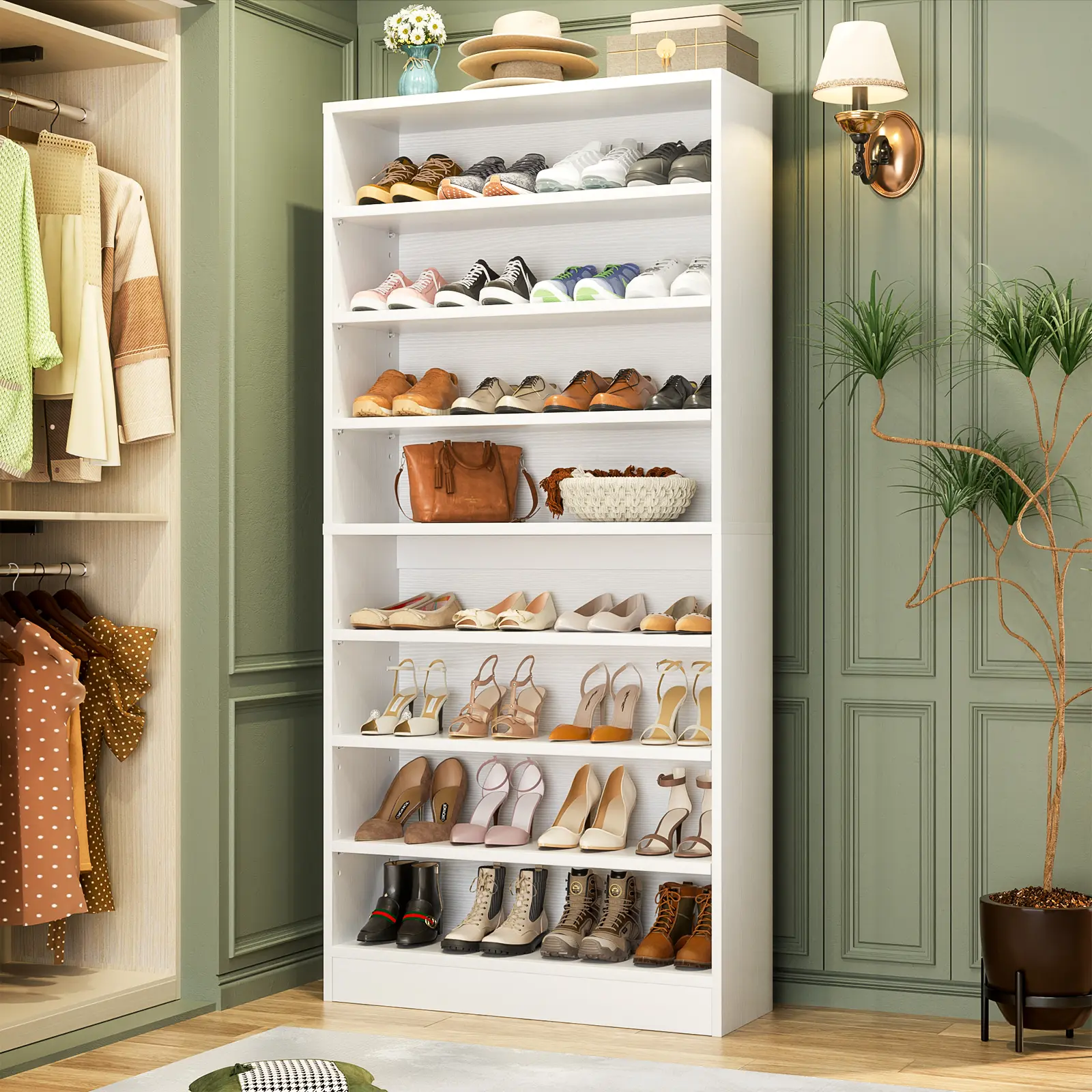 8-Tier Freestanding Wood Shoe Rack Organizer - Sturdy Vertical Closet Organizer with Adjustable Shelves, Multi-Shoe Hallway Furniture, Holds 40-45 Pairs