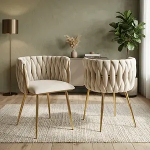 Modern Hand Woven Velvet Accent Chairs Set of 2, Upholstered Dining Side Chair With Gold Metal Legs, Ergonomic Leisure Vanity Chair For Kitchen Dining Room Bedroom Living Room Indoor Use