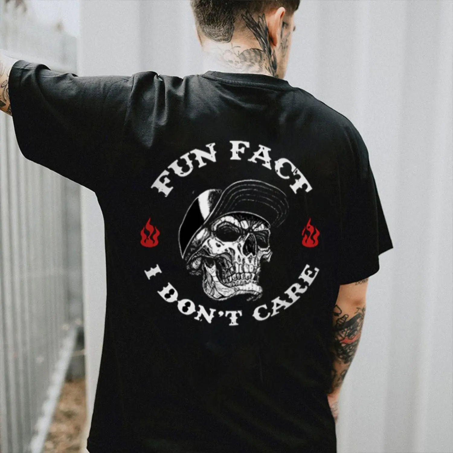 Fun Fact I Dont Care Skull Print Casual Cotton T Shirt for Men Streetwear