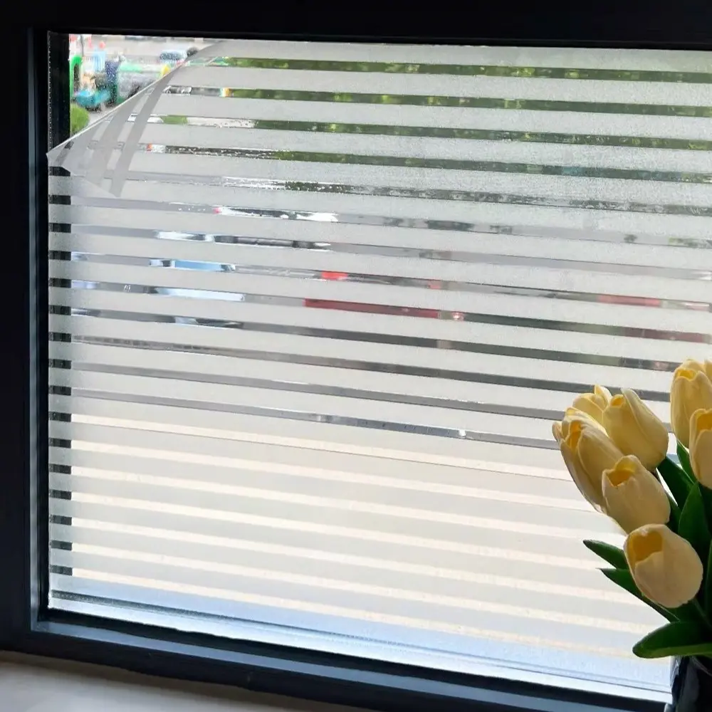 Striped Window Decal Non-Adhesive Privacy Film for Glass Windows, Vinyl Glass Film Window Tint for Home Kitchen & Office, Enhance Security & Style, Window Privacy Films