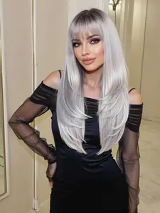 26 Inch Long Straight Grey Wigs for Women, Gorgeous Fashion Fluffy Wigs with Bangs, Synthetic Full Machine Wigs for Party, Daily Use