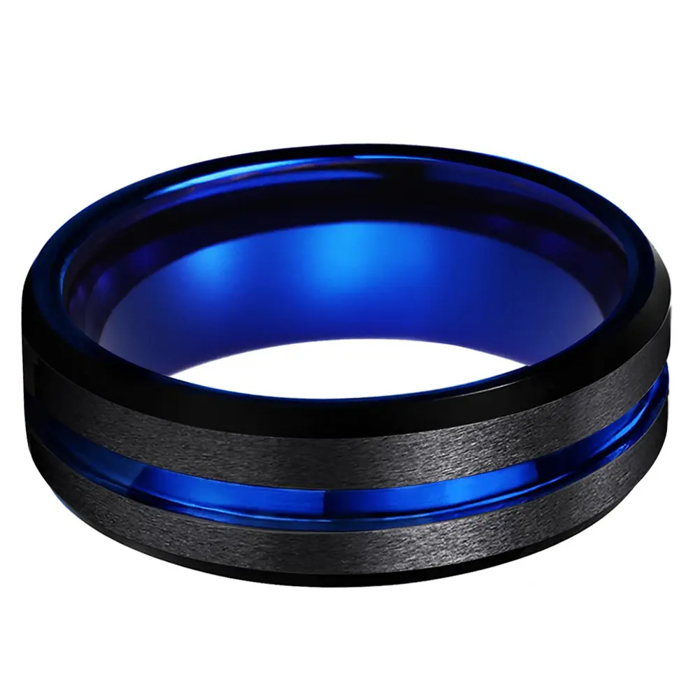 Mens Wedding Bands 8MM Black Brushed Tungsten Engagement Ring With Blue Grooves & Inner Band Promise Rings for Him