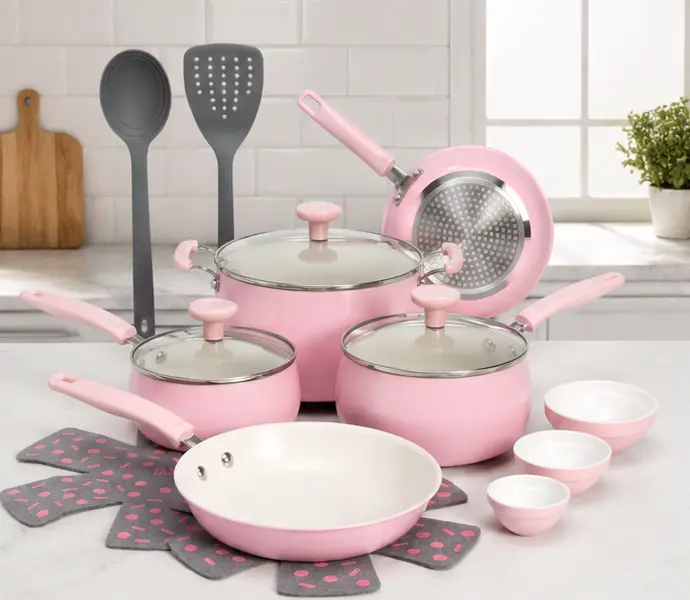 16-Piece Nonstick Aluminum Cookware Set, Pink | Kitchen Pots & Pans Set