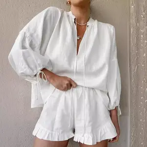 Shorts Sets Women 2 Piece Outfits Long Sleeve Tie Front Tops and Ruffle Boxer Shorts Matching Lounge Sets