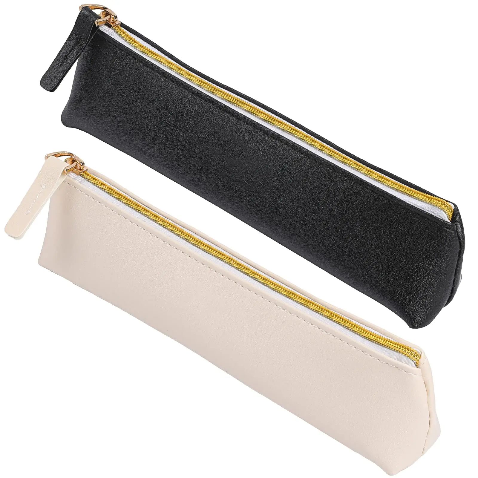 2 Pcs Leather Pencil Pouch, Slim Design Small Pencil Pouch Pencil Bag Zipper Pencil Case Bag Stationery Pouch Bag for Pens, Pencils, Markers(Black&Beige)