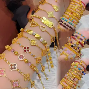 10pcs Bestselling Sand Gold Bracelet Collection | CZ Inlaid Four-Leaf Clover / Five-Flower / Neo-Chinese Five-Emperor Coin & Coiled Pattern Styles