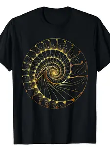 Men'S Fibonacci Spiral Ratio Sacred Geometry T-Shirt - Golden Ratio Math Graphic Tee, with Golden Print, Comfortable Casual Short Sleeve Round Neck, Retro Style All-Season Wear for Math Enthusiasts & Everyday Mathematical Apparel