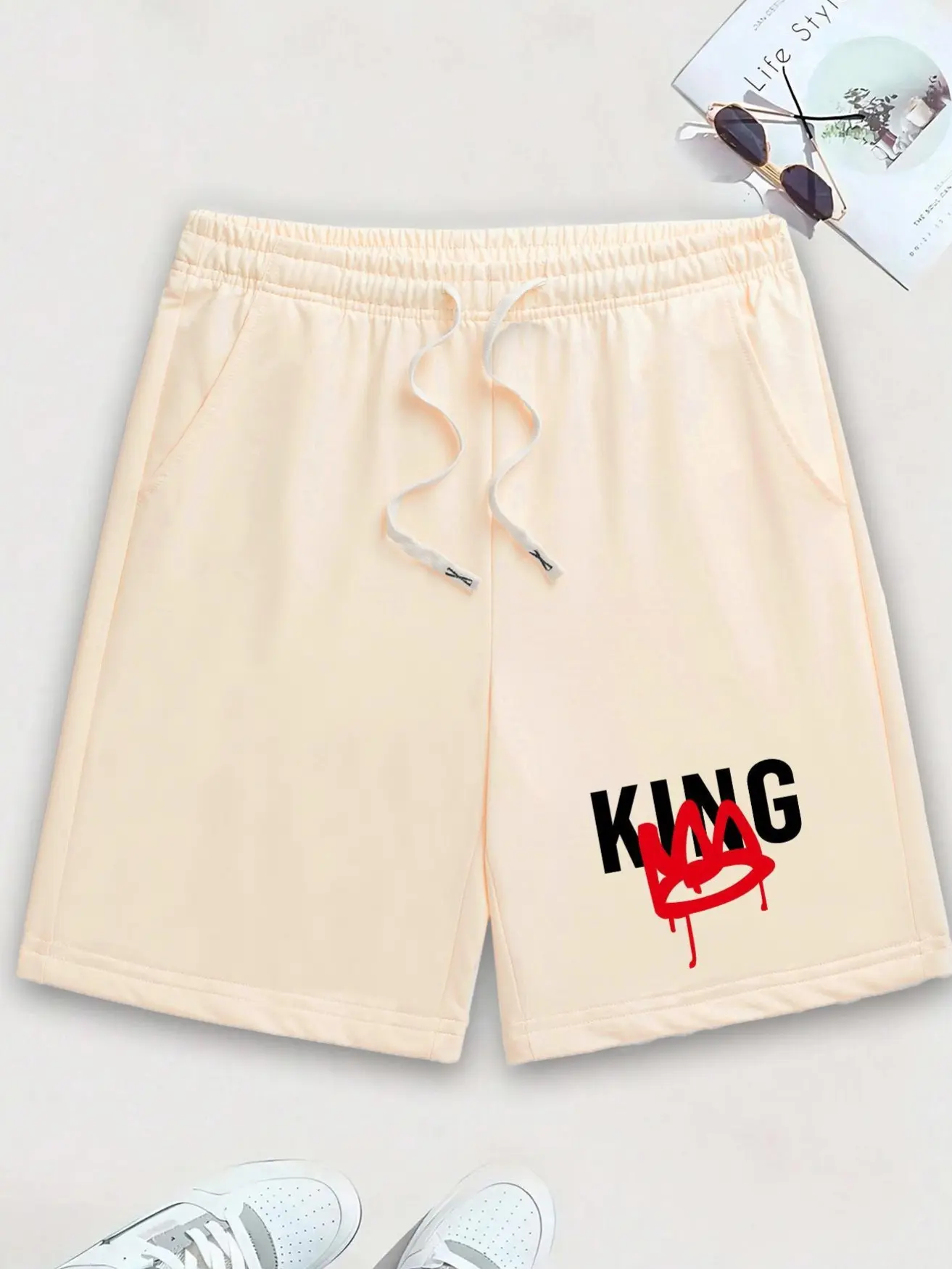 Men’s Gym-to-Streetwear Quick Dry Shorts, Bold Red Dripping Crown "KING" Graffiti Graphic, Ultra-Breathable Lightweight Fabric, Elastic Drawstring Waist, Side Pockets for Gym, Running, Urban Summer Style, Gym-To-Streetwear Men's Shorts