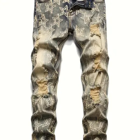 Men's star pattern vintage style straight leg jeans with zipper and button closure, featuring slant pockets and back pockets, suitable for all seasons