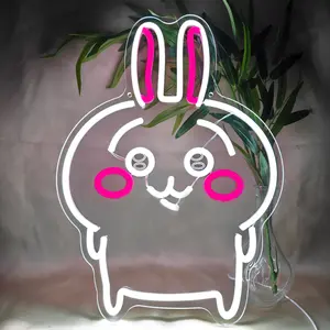 Kawaii Chikawa Anime Neon Sign Usagi Rabbit LED Light for Wall Art Decor Dimmable USB Powered Pink & White Bunny for Bedroom Party Bar Background Japanese Anime Cartoon Gift