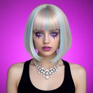 Colorful Bob Blonde Wig With Bangs – Short Wigs with Adjustable Straps, Straight Synthetic Fiber Bob Wig for Women Megan Mg3an 2.0 AI Doll Look Cosplay Halloween Costume Party