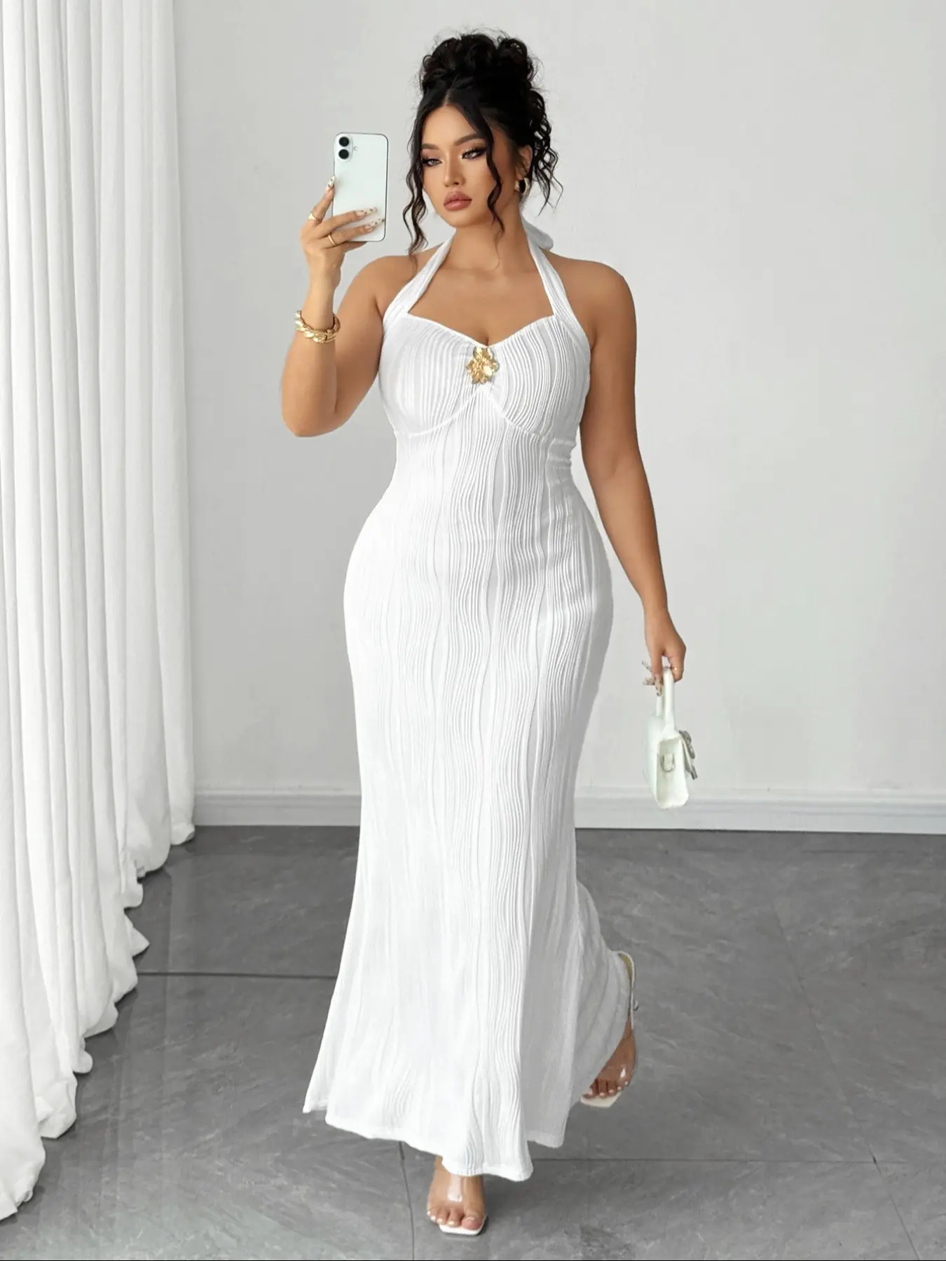 Elegant Plus Size Halter Backless Sleeveless Knit Dress, American Style Formal Party Wear, Metal Decorations, Bodycon Design, Evening Gown - TikTok Shop Elegant Plus Size Halter Backless Sleeveless Knit Dress, American Style Formal Party Wear, Metal Decorations, Bodycon Design, Evening Gown - TikTok Shop