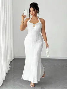 Plus Size Women's Halter Sleeveless Textured Knit Mermaid Dress, Perfect for Evening Parties and Light Formal Occasions