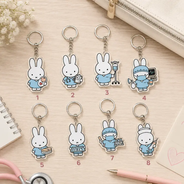 Blue Bunny Nurse Keychain, Medical ID Holder, Kawaii Bunny Keychain, Hospital Work Accessories, Backpack Flair