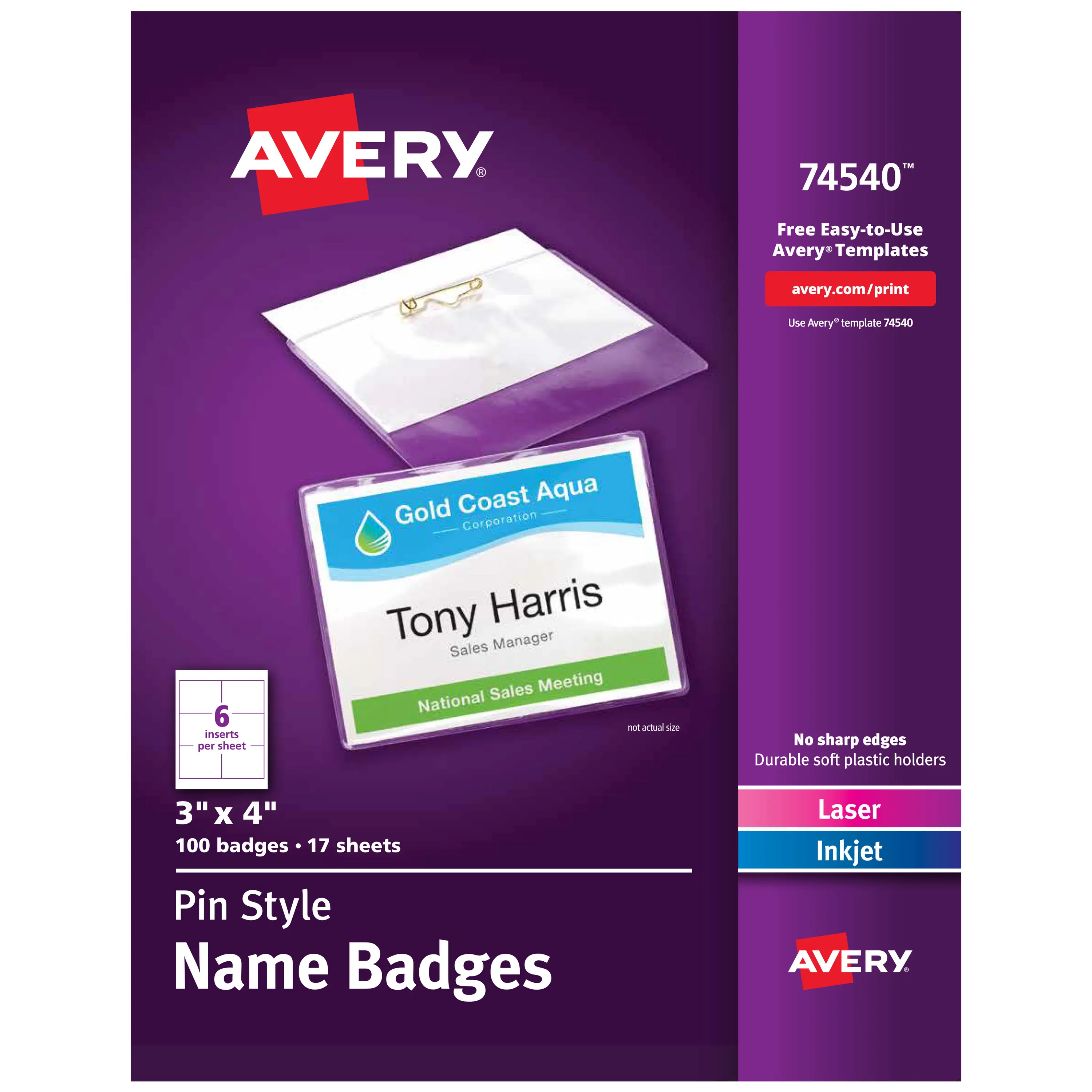 Avery Reusable Customizable Name Badges with Pins - 3"x4" Soft Plastic Pocket Holders, Laser Printer-Compatible White Printable Inserts, 100 Pin-Style Badges for Company Mixers (74540)