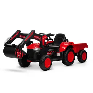 GARVEE 3 in 1 Ride-On Excavator & Tractor with Detachable Trailer, 12V Electric Vehicle with Digger, Remote Control, LED Lights, Music, and Ride-On Car Toy in Red for Boys and Girls